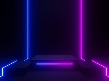 Gradyan neon ışıkları ile siyah bilimsel podyum oluşturuldu.