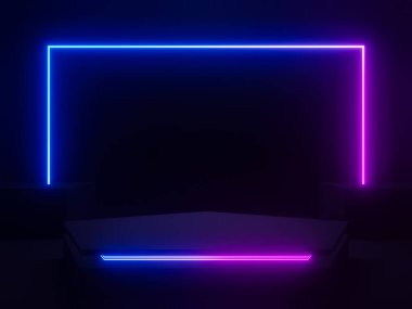 Gradyan neon ışıkları ile siyah bilimsel podyum oluşturuldu.