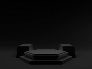 3D siyah podyum. Siyah geometrik şekil arkaplanı.