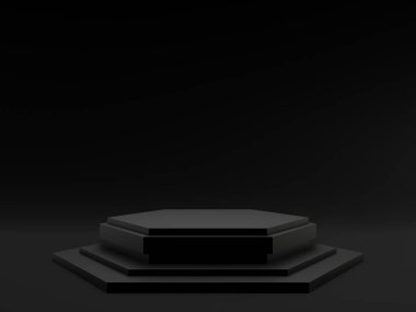 3D siyah podyum. Siyah geometrik şekil arkaplanı.