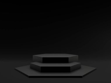 3D siyah podyum. Siyah geometrik şekil arkaplanı.