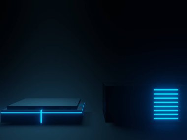 3D, mavi neon ışıklı bilimsel siyah geometrik podyum.