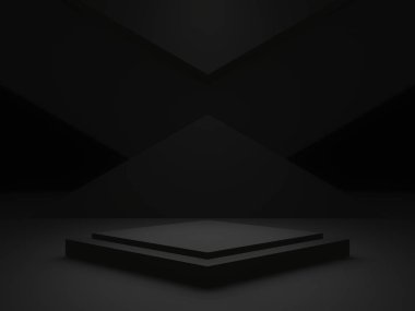 3D siyah podyum. Siyah geometrik şekil arkaplanı.