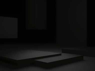3D siyah podyum. Siyah geometrik şekil arkaplanı.
