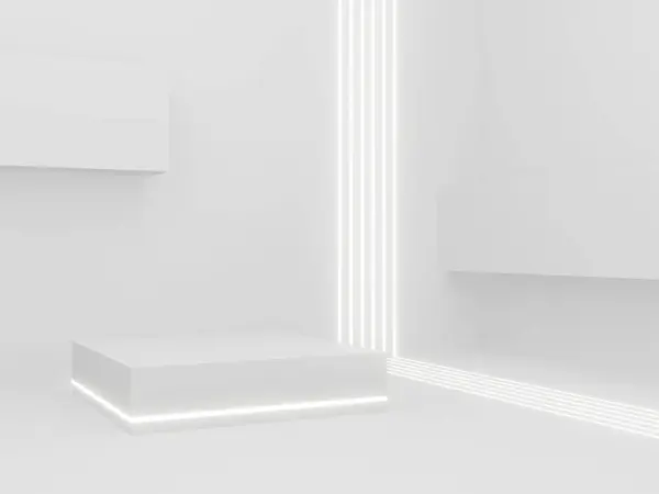 3D render Scientific background with white neon lights. White podium.