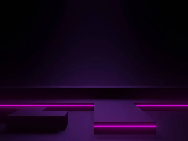 3D black scientific background with purple neon lights.