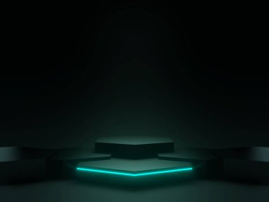 3D, neon ışıklarla bilimsel siyah geometrik podyum oluşturdu.