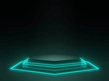 3D, neon ışıklarla bilimsel siyah geometrik podyum oluşturdu.