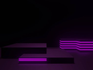 Mor neon ışıklı 3D siyah podyum.
