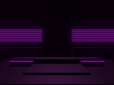 Mor neon ışıklı 3D siyah podyum.