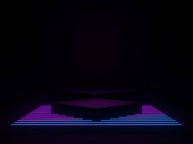 3D rendered black podium with gradient neon lights.