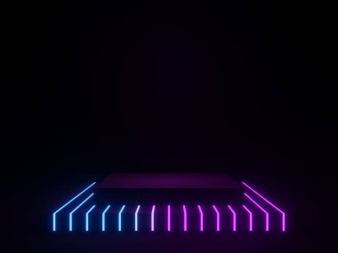 3D rendered black podium with gradient neon lights.