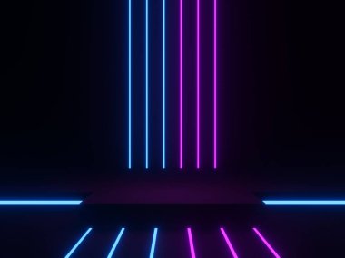 3D rendered black podium with gradient neon lights.