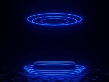 Mavi ışıklı 3D siyah podyum.