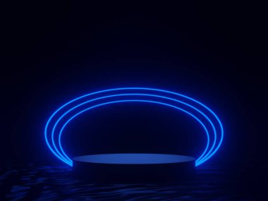 Mavi ışıklı 3D siyah podyum.