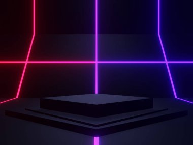 Gradyan neon ışıkları ile siyah bilimsel podyum oluşturuldu.