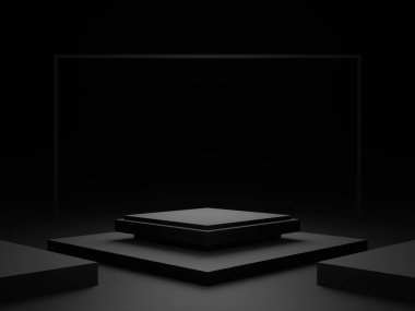3D render siyah arkaplan. Karanlık oda geometrik podyumu.