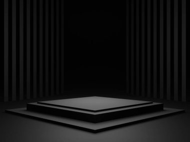 3D render siyah arkaplan. Karanlık oda geometrik podyumu.