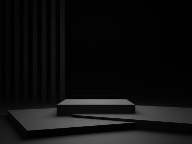3D render siyah arkaplan. Karanlık oda geometrik podyumu.
