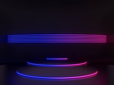 Gradyan neon ışıkları olan 3D Siyah podyum.