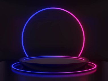 Gradyan neon ışıkları olan 3D Siyah podyum.
