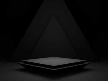 3D render siyah arkaplan. Karanlık oda geometrik podyumu.