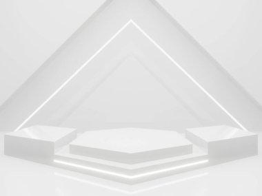 3D Beyaz Bilim-Kurgu ürün görüntüleme modeli. Beyaz neon ışıklı bilimsel arkaplan.