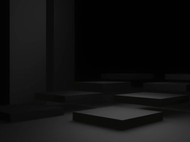 3D siyah podyum. Siyah geometrik şekil arkaplanı.