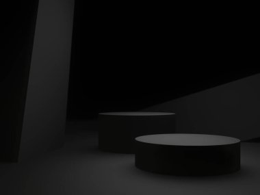 3D siyah podyum. Siyah geometrik şekil arkaplanı.