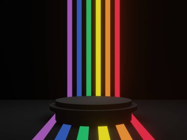 Gökkuşağı neonlu 3D siyah podyum.