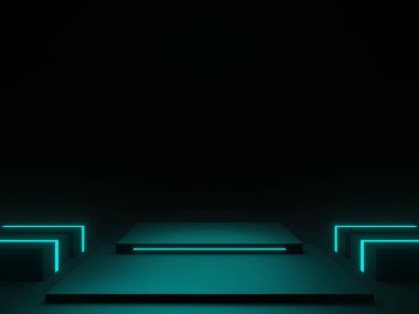 Üç boyutlu siyah arka plan ve mavi neon ışıklar. Bilimsel podyum.