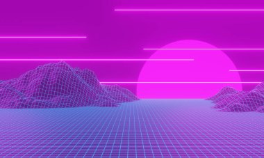 Retro peyzaj neon arka planı. Izgara neonu.