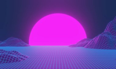 Retro peyzaj neon arka planı. Izgara neonu.