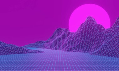 Retro peyzaj neon arka planı. Izgara neonu.