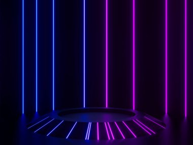 Gradyan neon ışıkları olan 3D Siyah podyum.