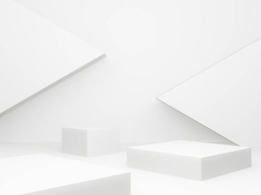 Üç boyutlu beyaz geometrik podyum. Beyaz oda arkaplanı.