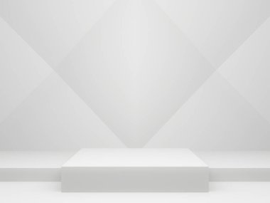 Üç boyutlu beyaz geometrik podyum. Beyaz oda arkaplanı.