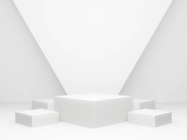 Üç boyutlu beyaz geometrik podyum. Beyaz oda arkaplanı.