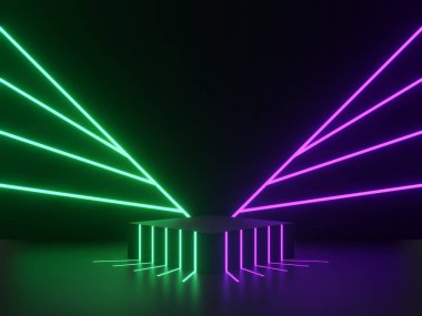 Neon ışıkları olan 3D siyah bilimsel podyum.