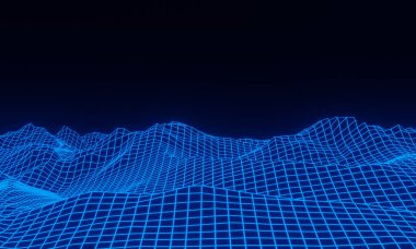3D ızgara neon dağı. Mavi ağ arazisi.