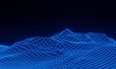 3D ızgara neon dağı. Mavi ağ arazisi.