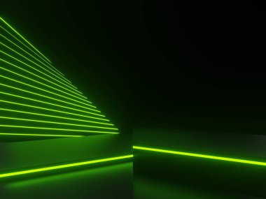 Yeşil neon ışıkları olan 3 boyutlu siyah bilimsel arkaplan.