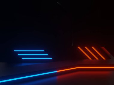 Kırmızı ve mavi ışıklı 3D siyah bilimsel arkaplan.