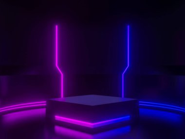 Gradyan neon ışıkları olan 3B siyah arkaplan.