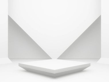 Üç boyutlu beyaz geometrik podyum. Beyaz oda arkaplanı.