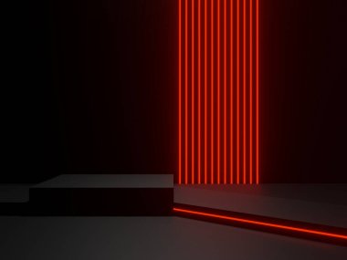 3D siyah podyum ve kırmızı neon ışıkları.