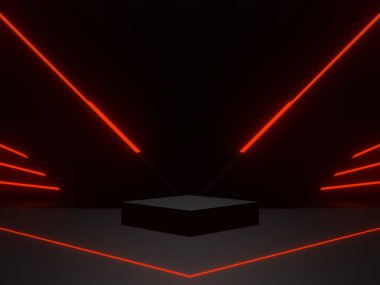 3D siyah podyum ve kırmızı neon ışıkları.