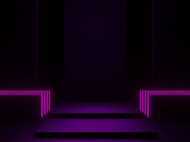 Mor neon ışıklı 3D siyah podyum.