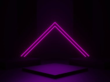 Mor neon ışıklı 3D siyah podyum.