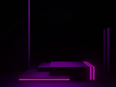 Mor neon ışıklı 3D siyah podyum.